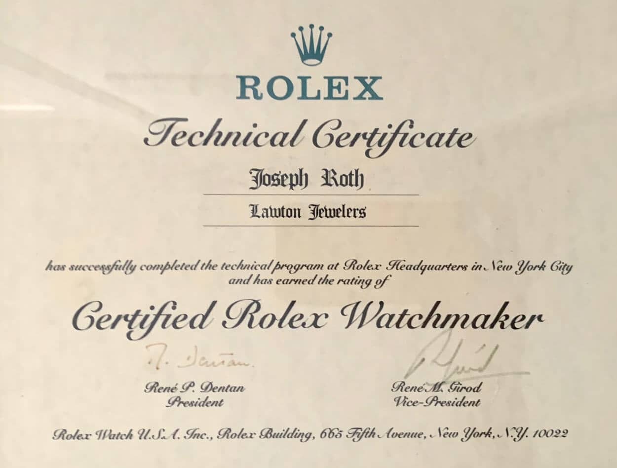 Rolex Technical Certificate to Joseph Roth