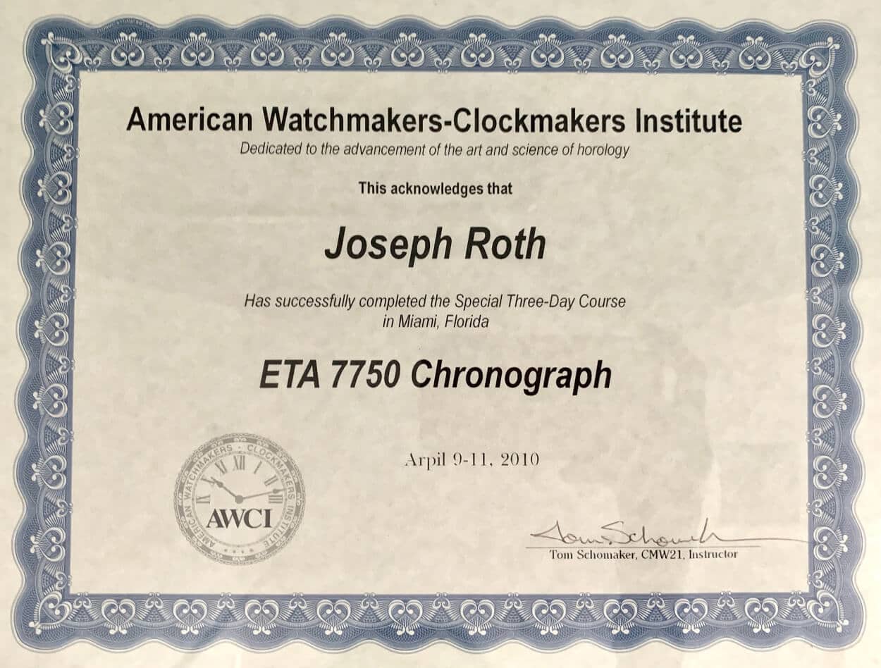 Watch Chronograph Certificate to Joseph Roth