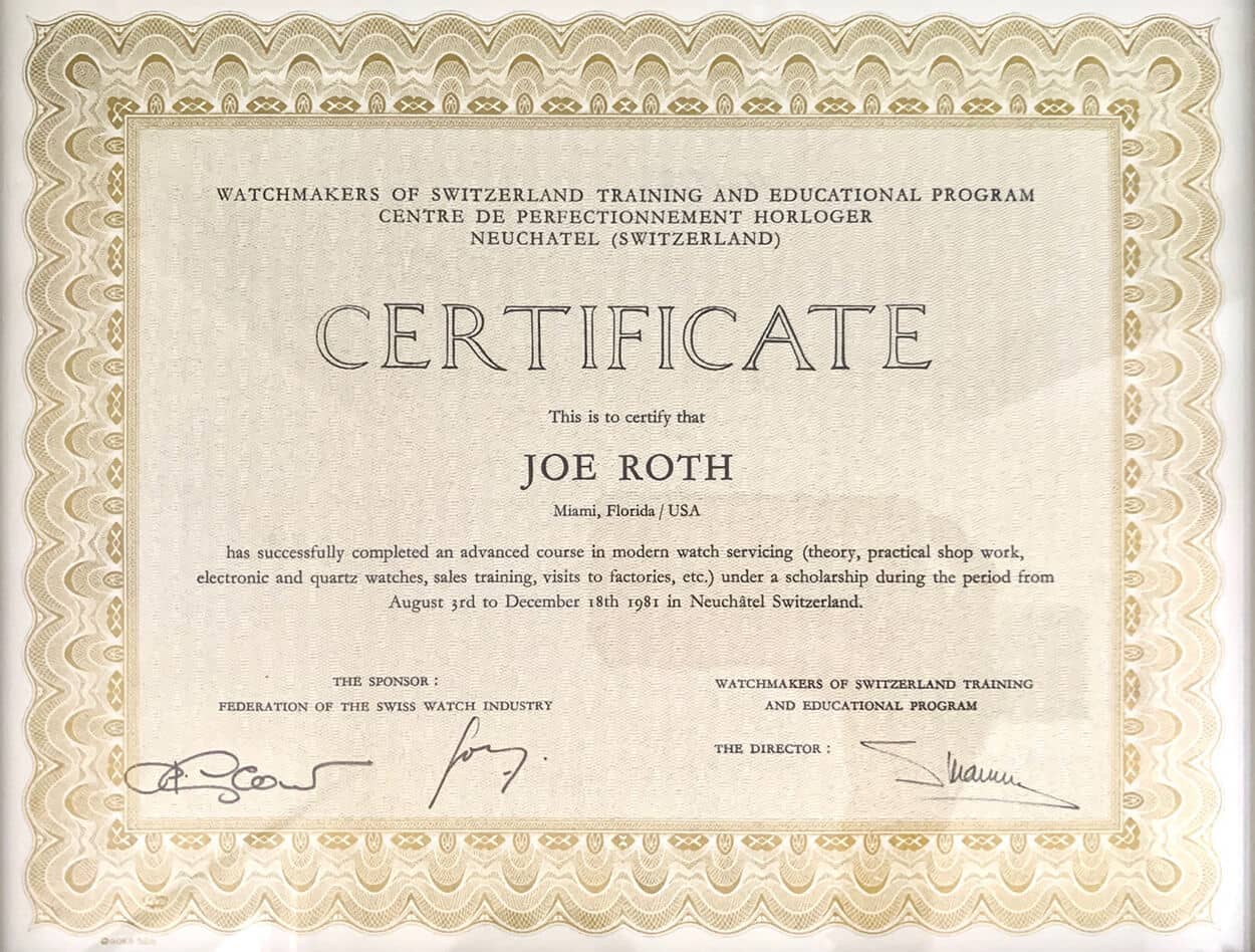 Modern Watch Service Certificate to Joseph Roth
