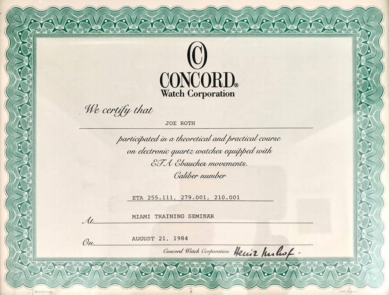 Electronic Quartz Watch Training Certificate to Roth
